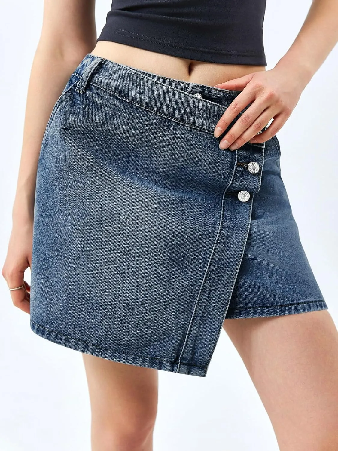 Cicy Bell Womens Denim Mini Skirt Casual Wrap Button Asymmetrical Hem Summer Jean Skirts