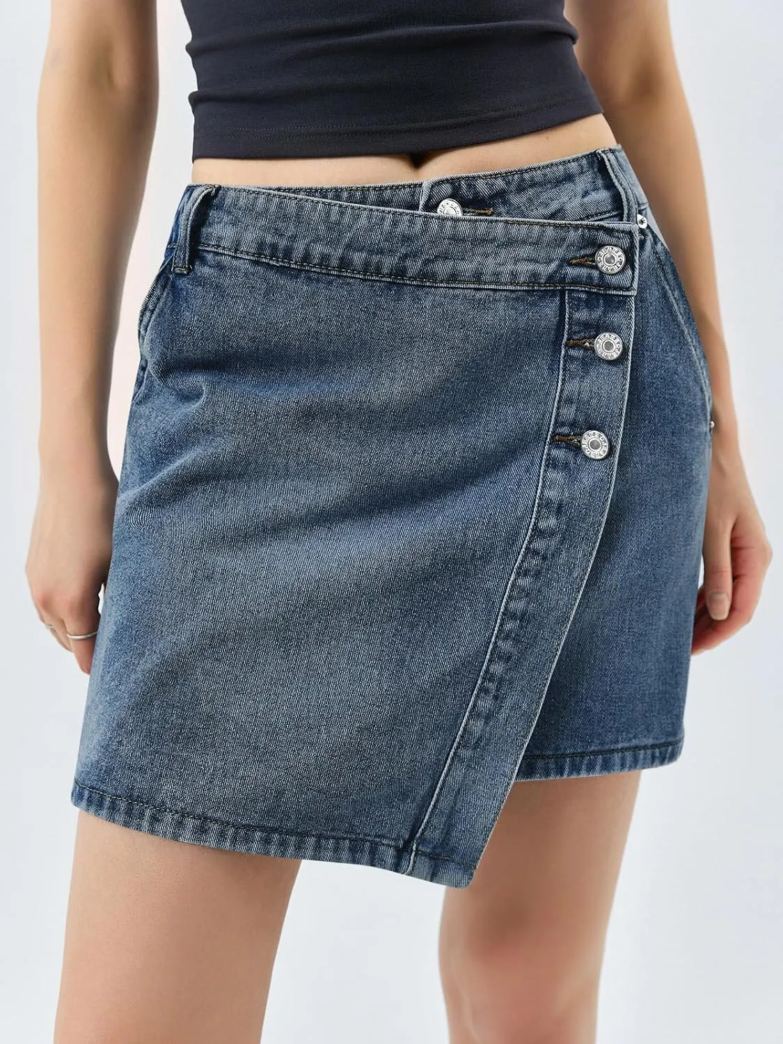 Cicy Bell Womens Denim Mini Skirt Casual Wrap Button Asymmetrical Hem Summer Jean Skirts