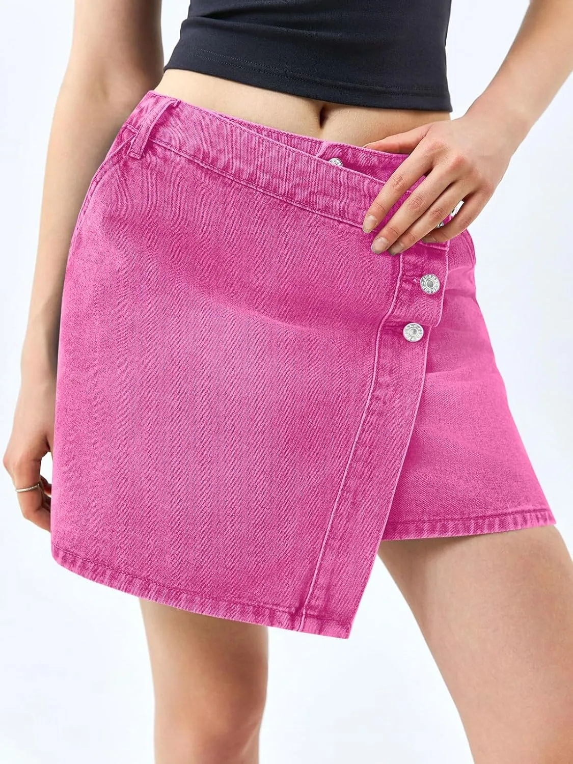 Cicy Bell Womens Denim Mini Skirt Casual Wrap Button Asymmetrical Hem Summer Jean Skirts