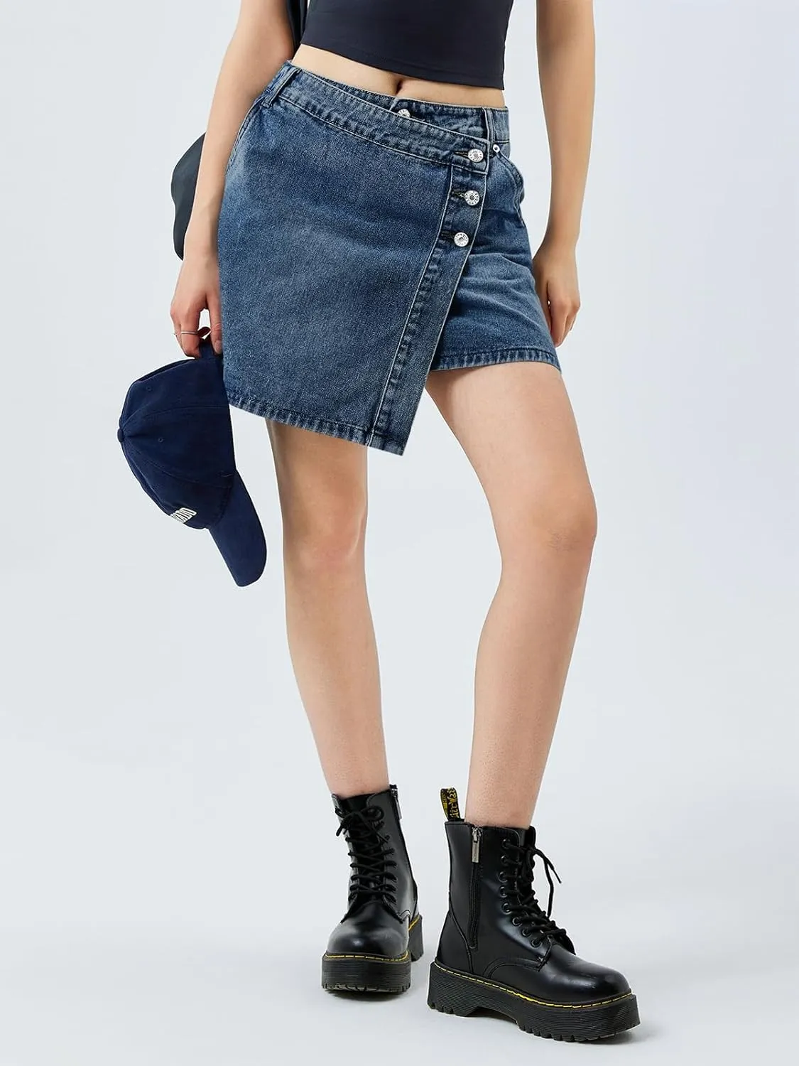 Cicy Bell Womens Denim Mini Skirt Casual Wrap Button Asymmetrical Hem Summer Jean Skirts