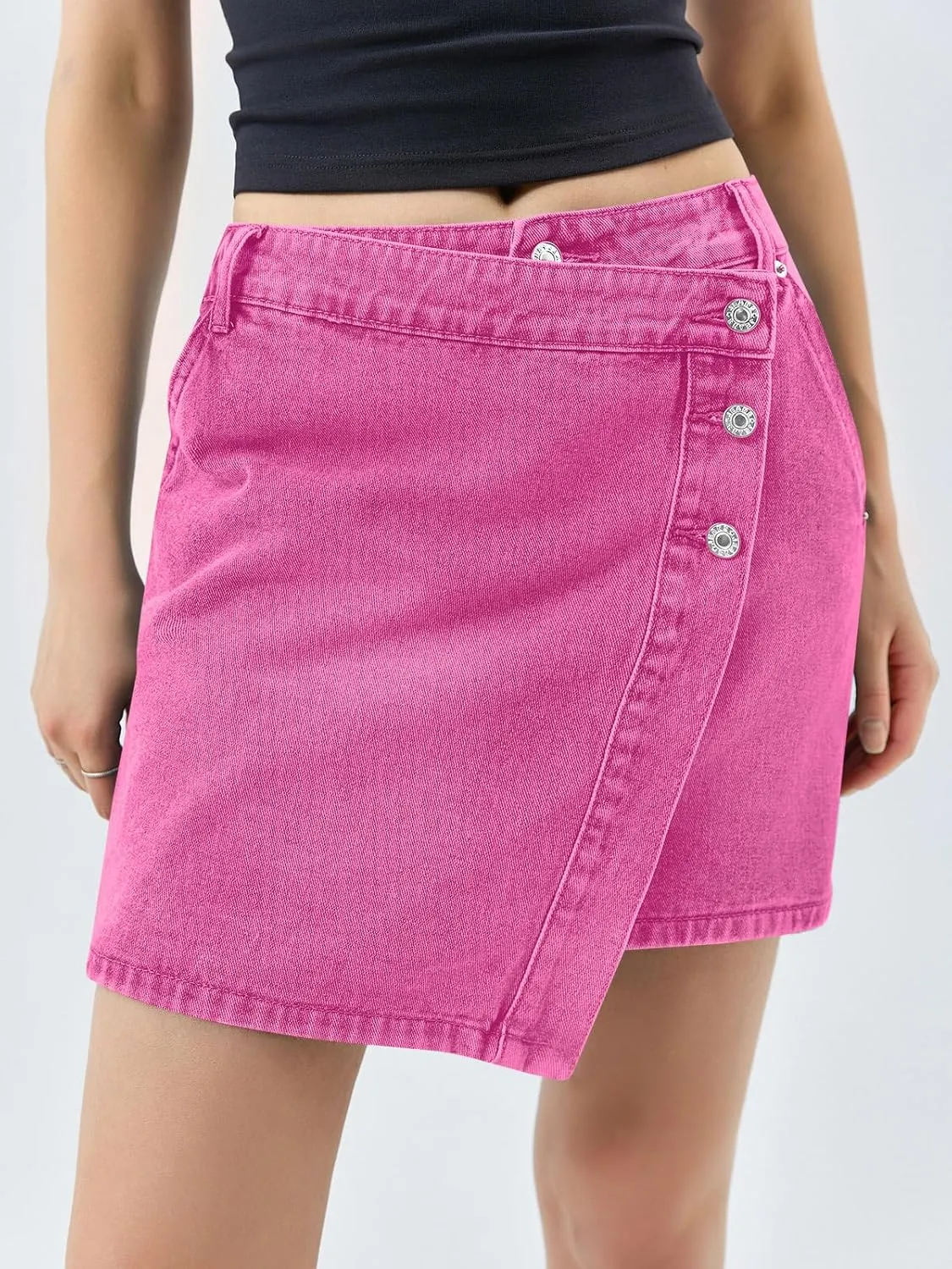 Cicy Bell Womens Denim Mini Skirt Casual Wrap Button Asymmetrical Hem Summer Jean Skirts