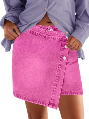 Cicy Bell Womens Denim Mini Skirt Casual Wrap Button Asymmetrical Hem Summer Jean Skirts