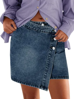 Cicy Bell Womens Denim Mini Skirt Casual Wrap Button Asymmetrical Hem Summer Jean Skirts