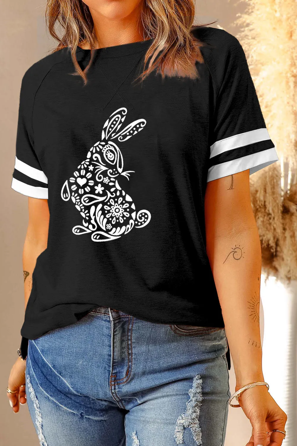 Contrast Color Block  Bunny Patter  Short Sleeve T Shirt