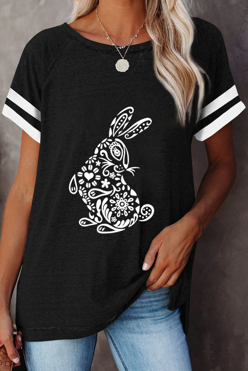 Contrast Color Block  Bunny Patter  Short Sleeve T Shirt