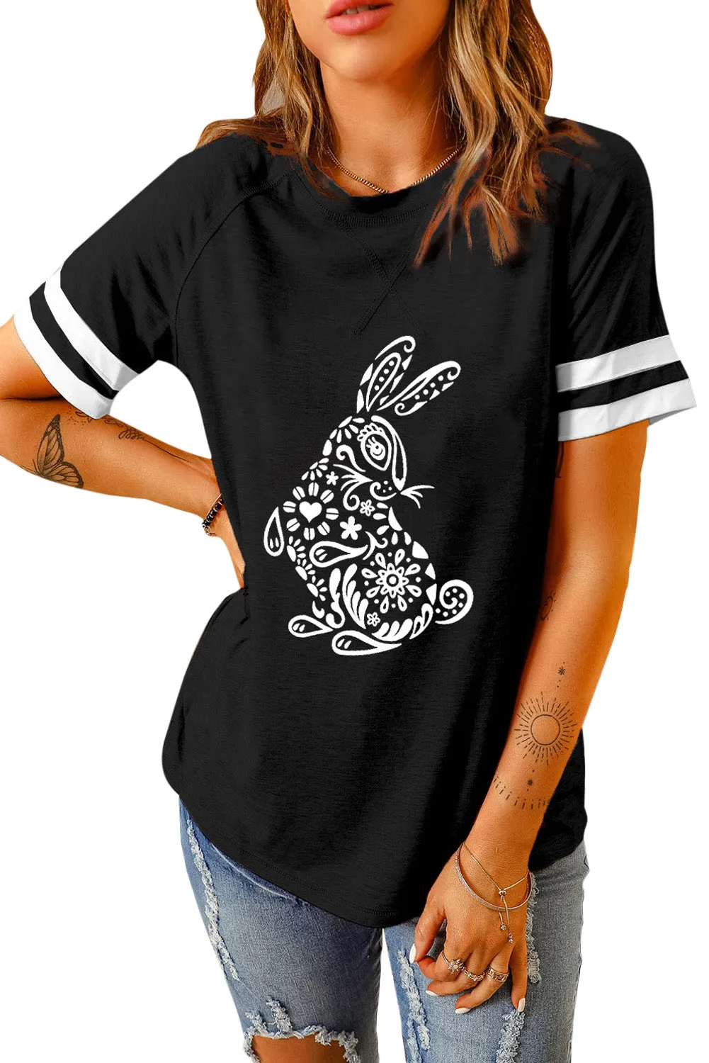 Contrast Color Block  Bunny Patter  Short Sleeve T Shirt