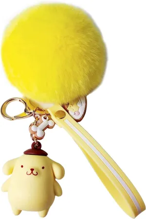 Cute Keychains for Girls, Kawaii Pom Pom Fuzzy Key Chain Accessories Wristlet Cartoon Keychain