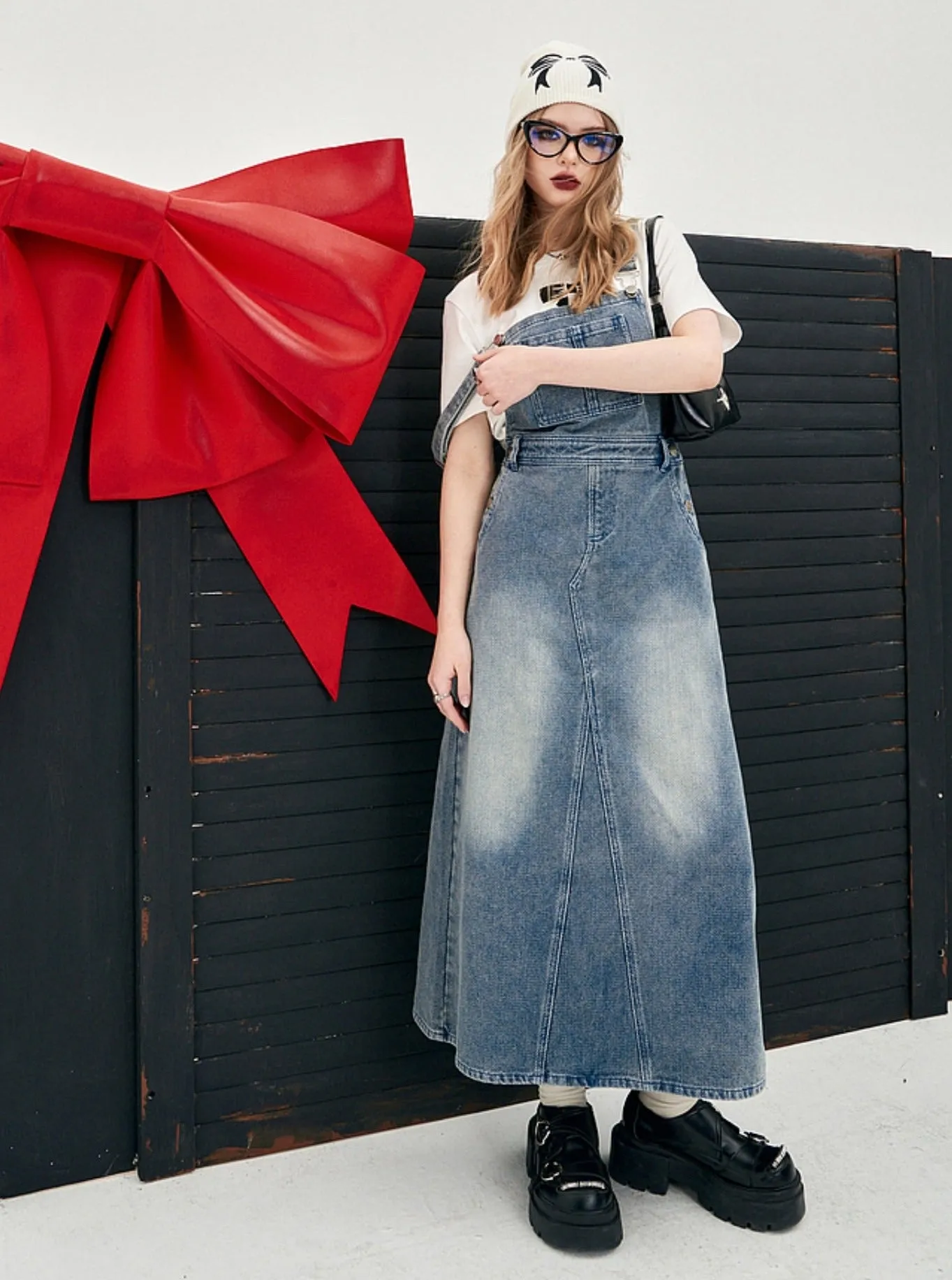 Denim High Waist Bib Skirt