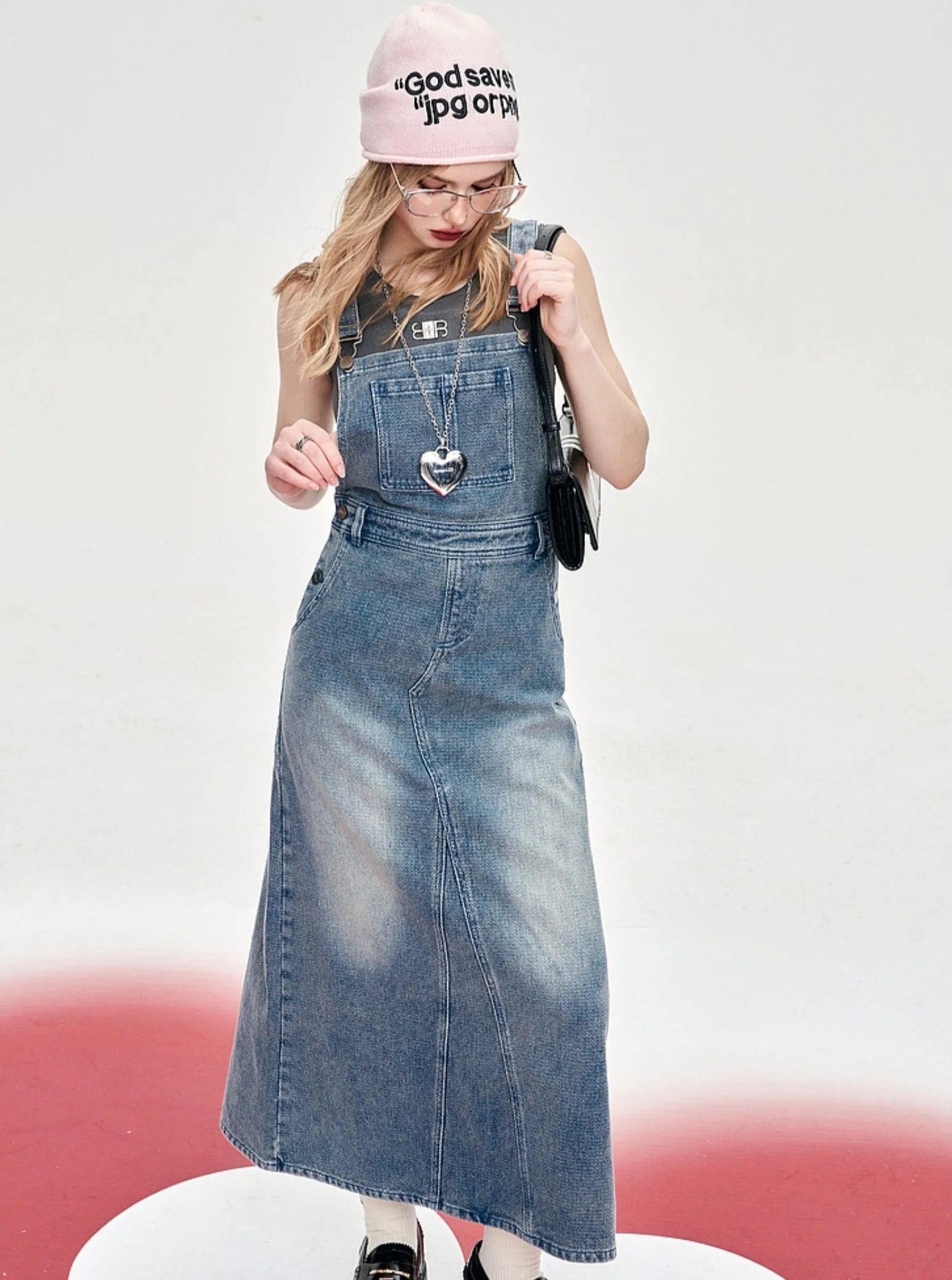 Denim High Waist Bib Skirt