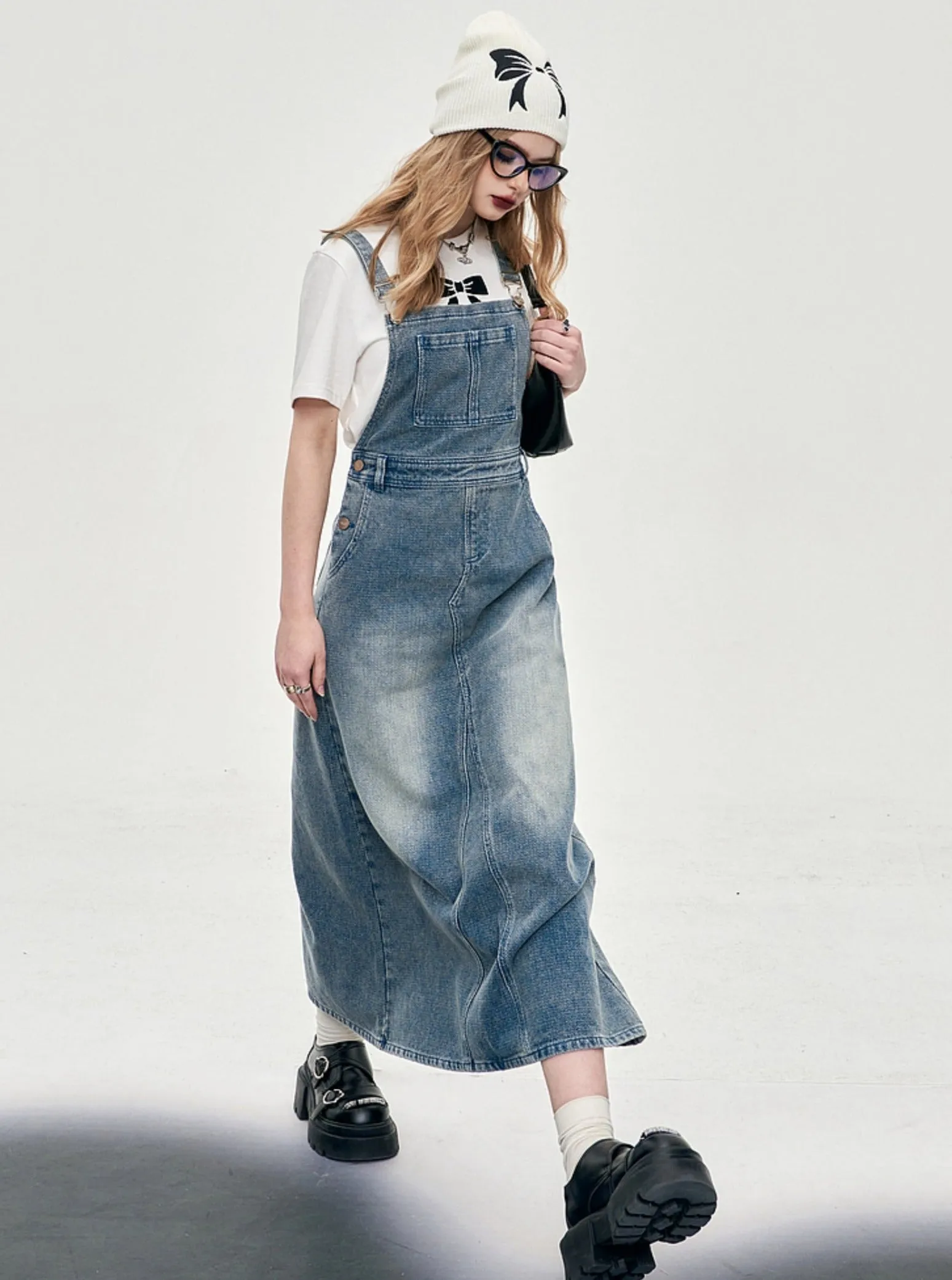 Denim High Waist Bib Skirt
