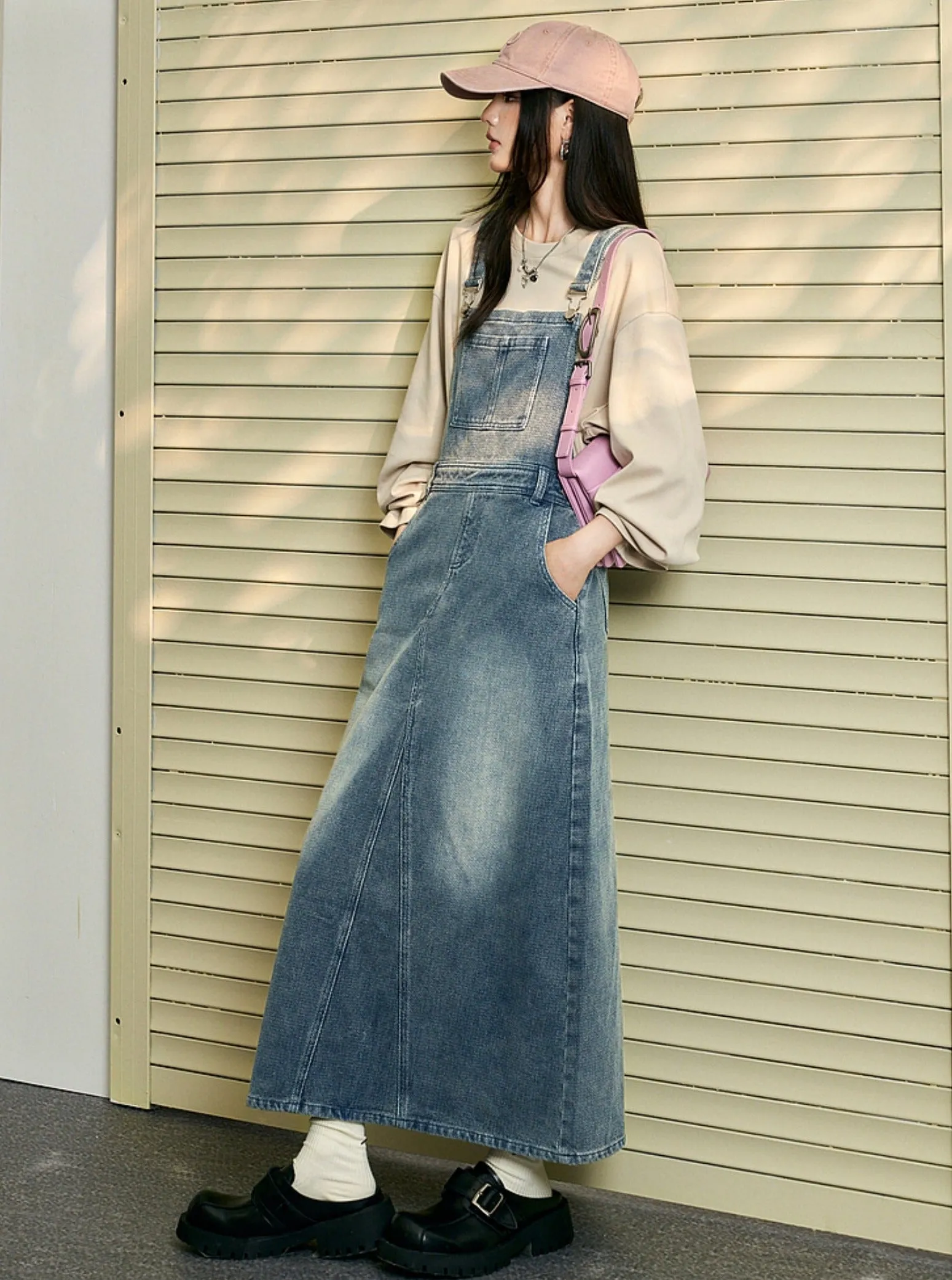 Denim High Waist Bib Skirt