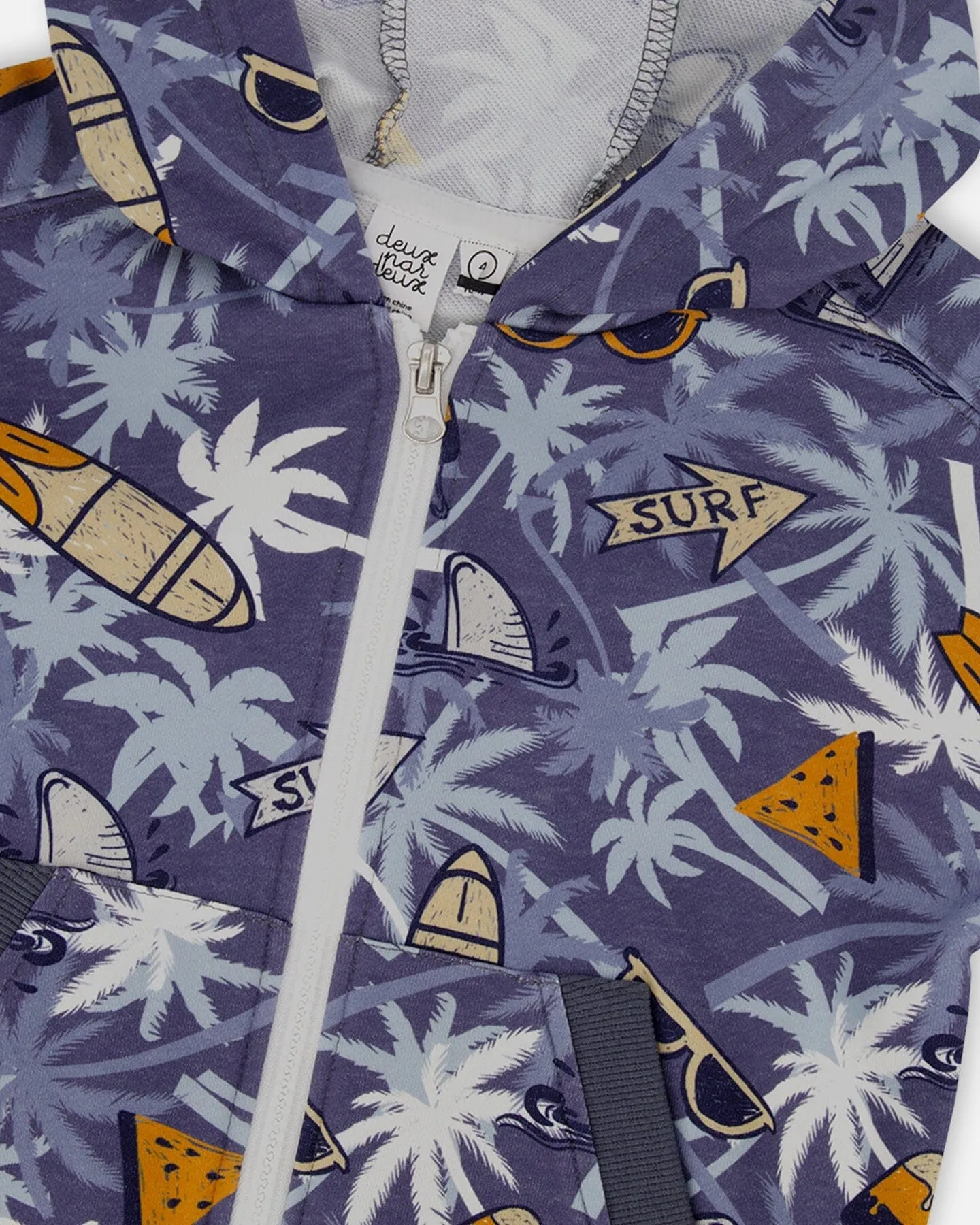 French Terry Hooded Cardigan Printed Palm Tree And Surf