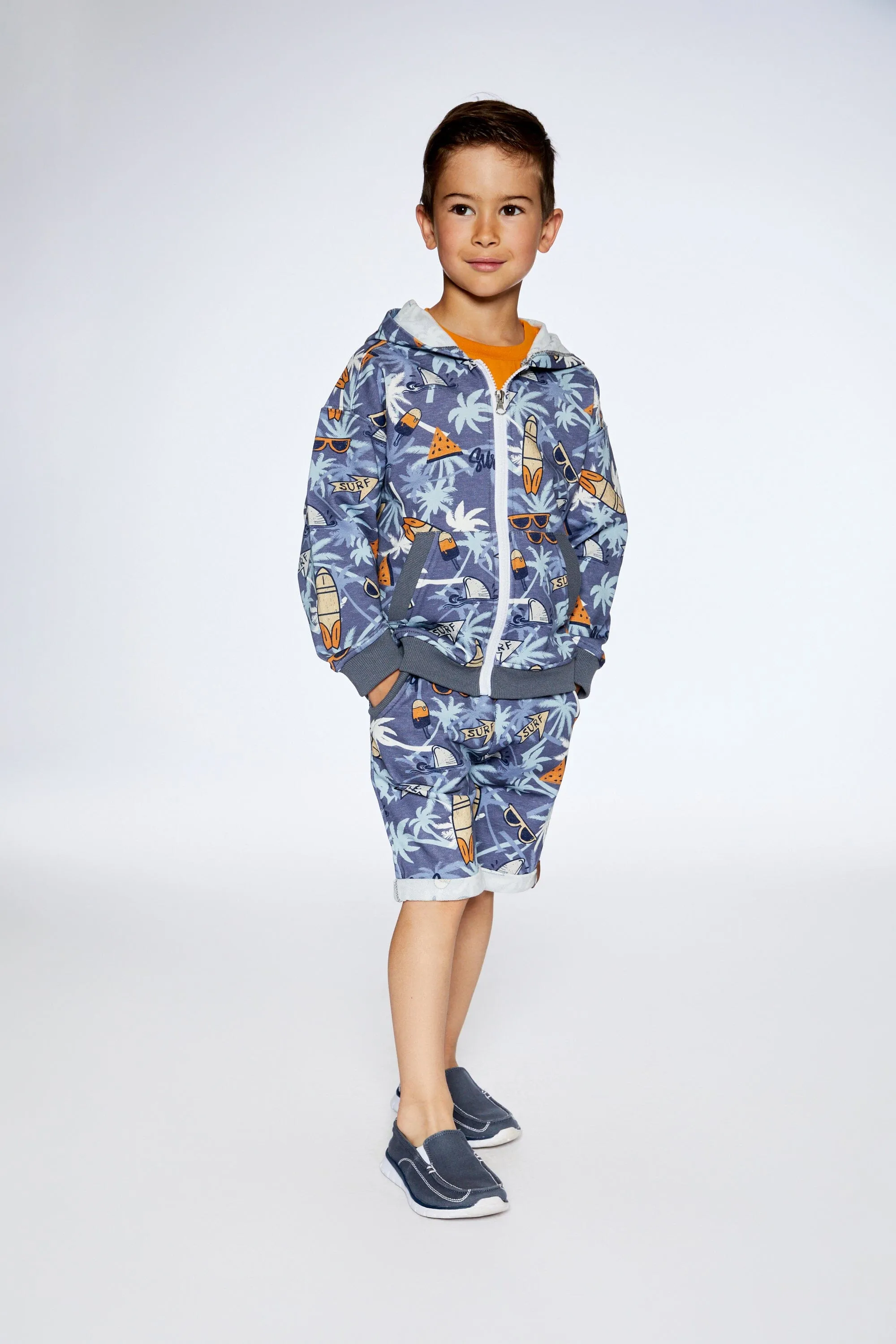 French Terry Hooded Cardigan Printed Palm Tree And Surf