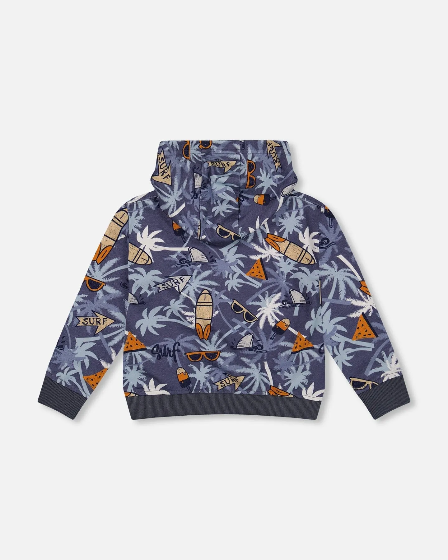 French Terry Hooded Cardigan Printed Palm Tree And Surf