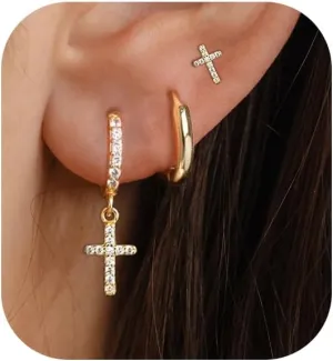 Gold Earrings for Women, 14K Gold Plated Cute Cross Butterfly Star Earring Stacks Dainty Huggie Earrings for Women Trendy Small Gold Hoop Earrings Non Tarnish Womens Jewelry