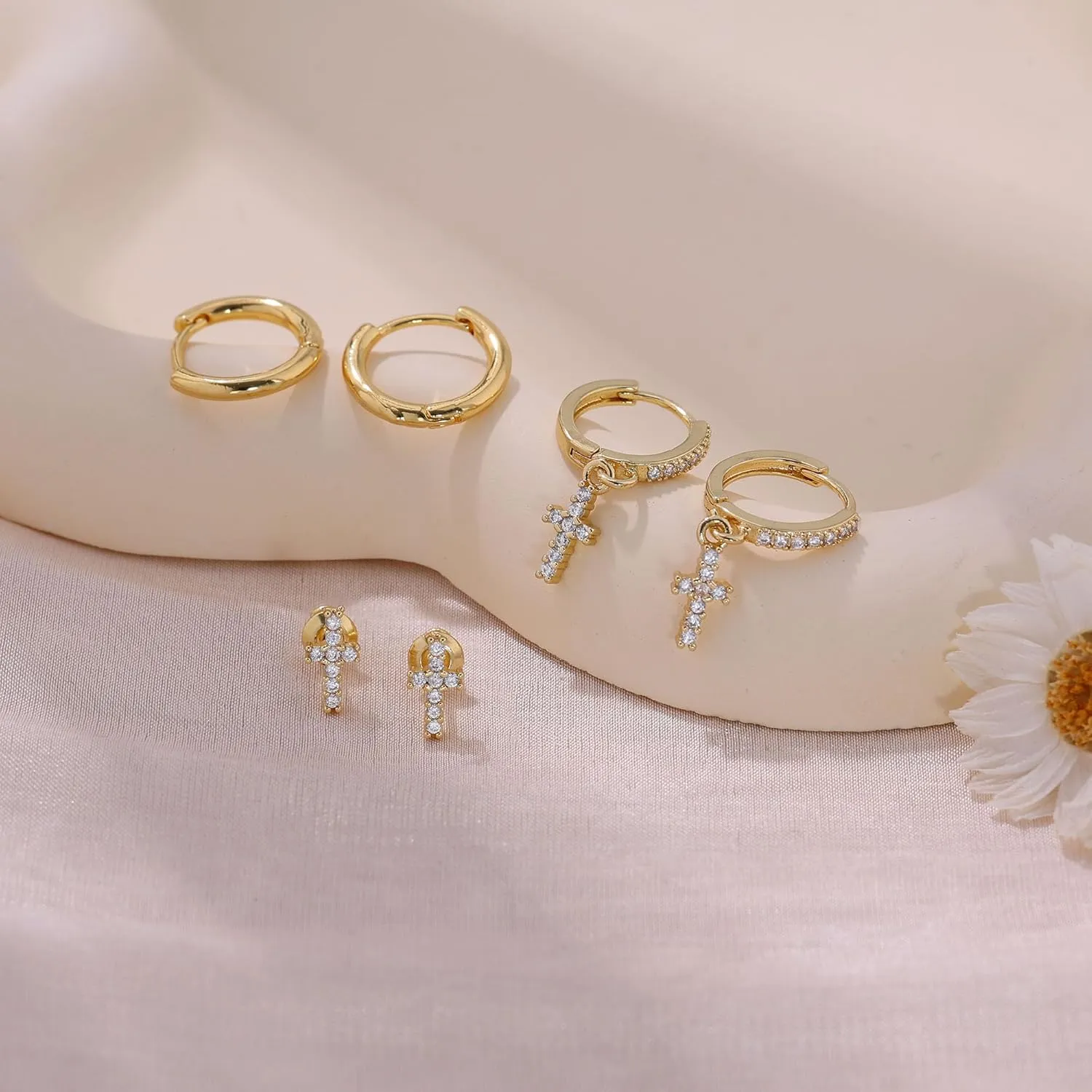 Gold Earrings for Women, 14K Gold Plated Cute Cross Butterfly Star Earring Stacks Dainty Huggie Earrings for Women Trendy Small Gold Hoop Earrings Non Tarnish Womens Jewelry