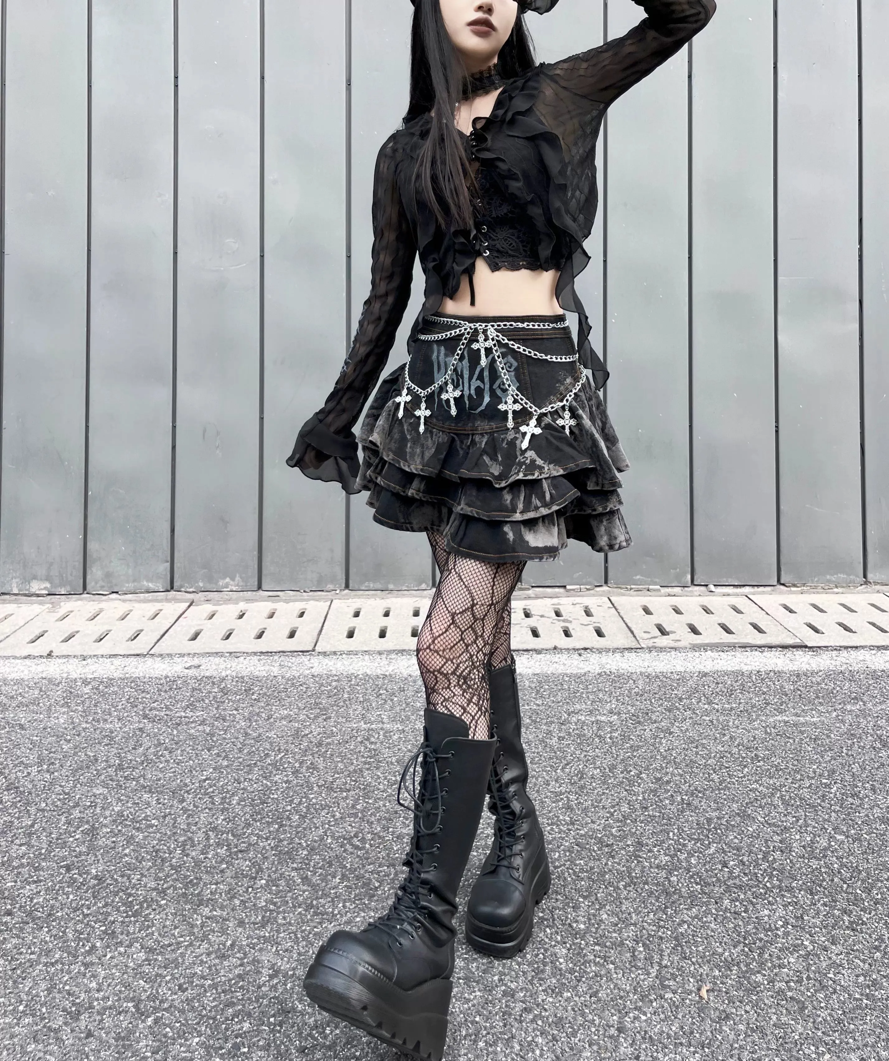Gothic Puffy Skirt Subculture High Waist Denim Skirt