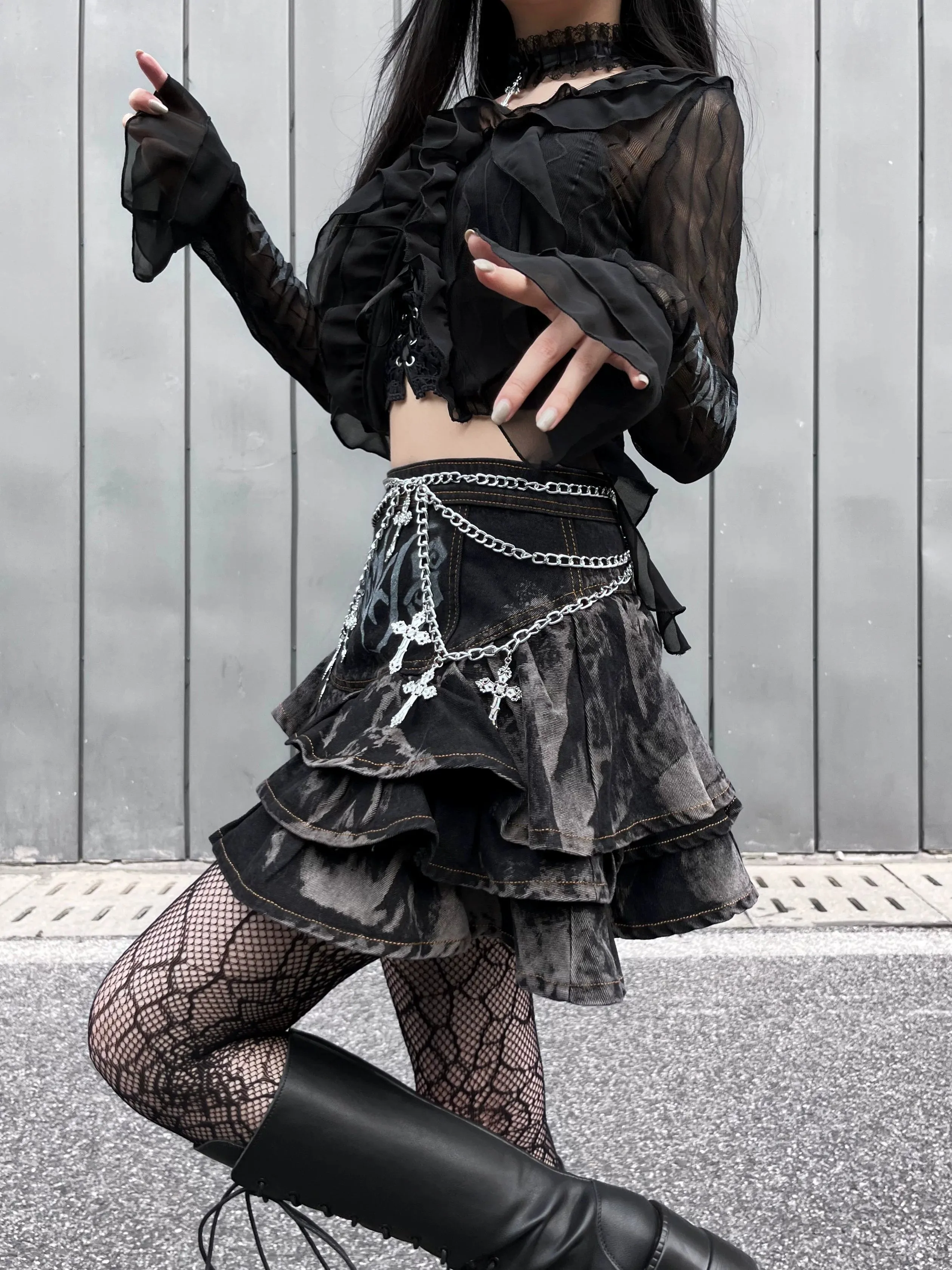 Gothic Puffy Skirt Subculture High Waist Denim Skirt