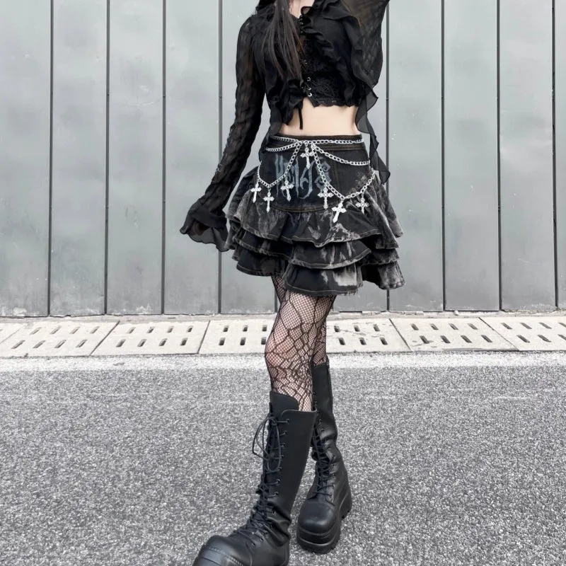 Gothic Puffy Skirt Subculture High Waist Denim Skirt