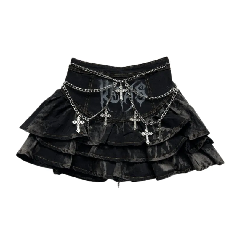 Gothic Puffy Skirt Subculture High Waist Denim Skirt