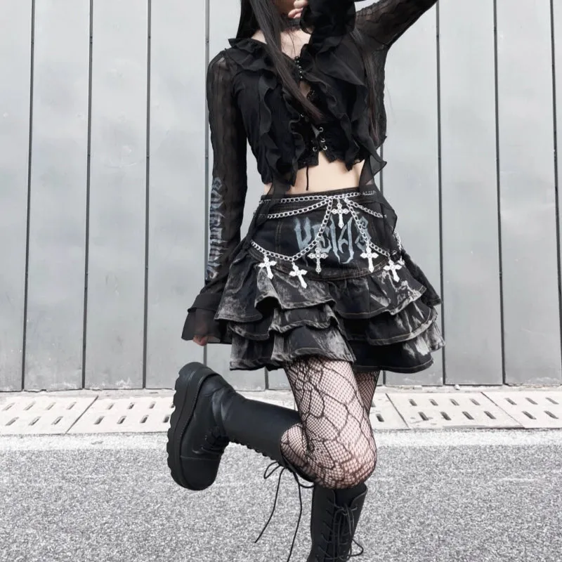 Gothic Puffy Skirt Subculture High Waist Denim Skirt