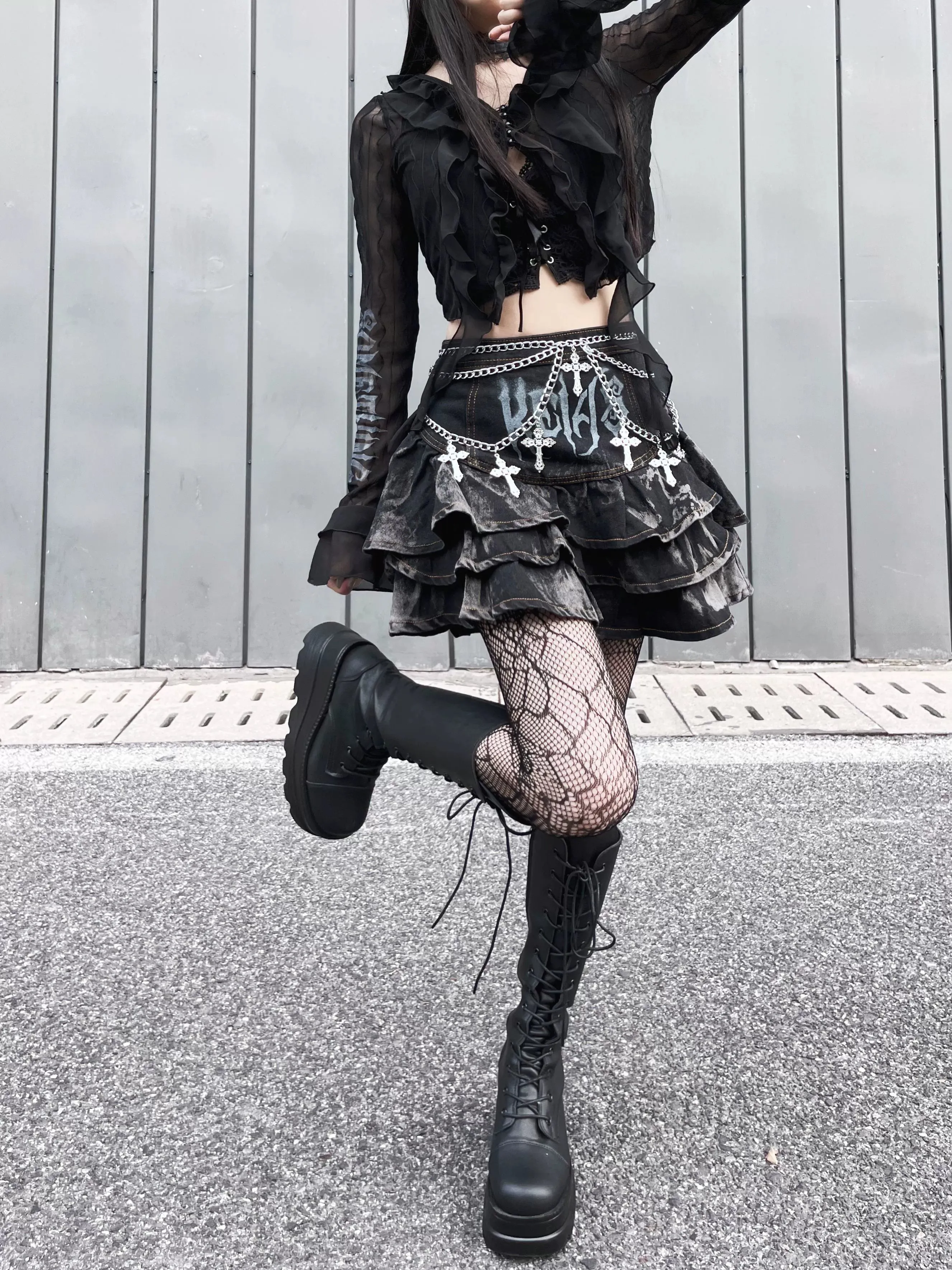 Gothic Puffy Skirt Subculture High Waist Denim Skirt