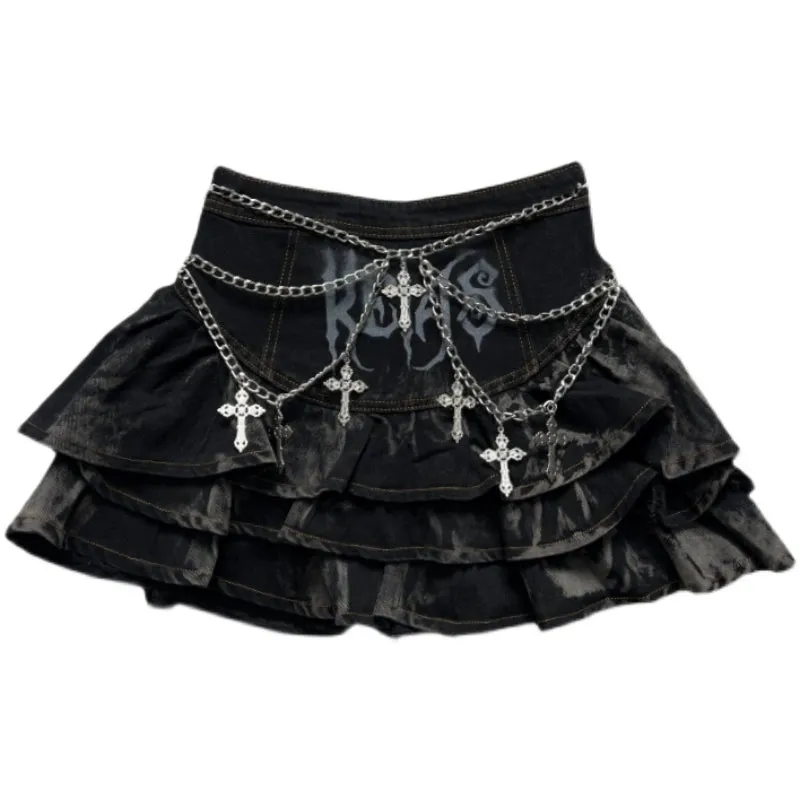 Gothic Puffy Skirt Subculture High Waist Denim Skirt