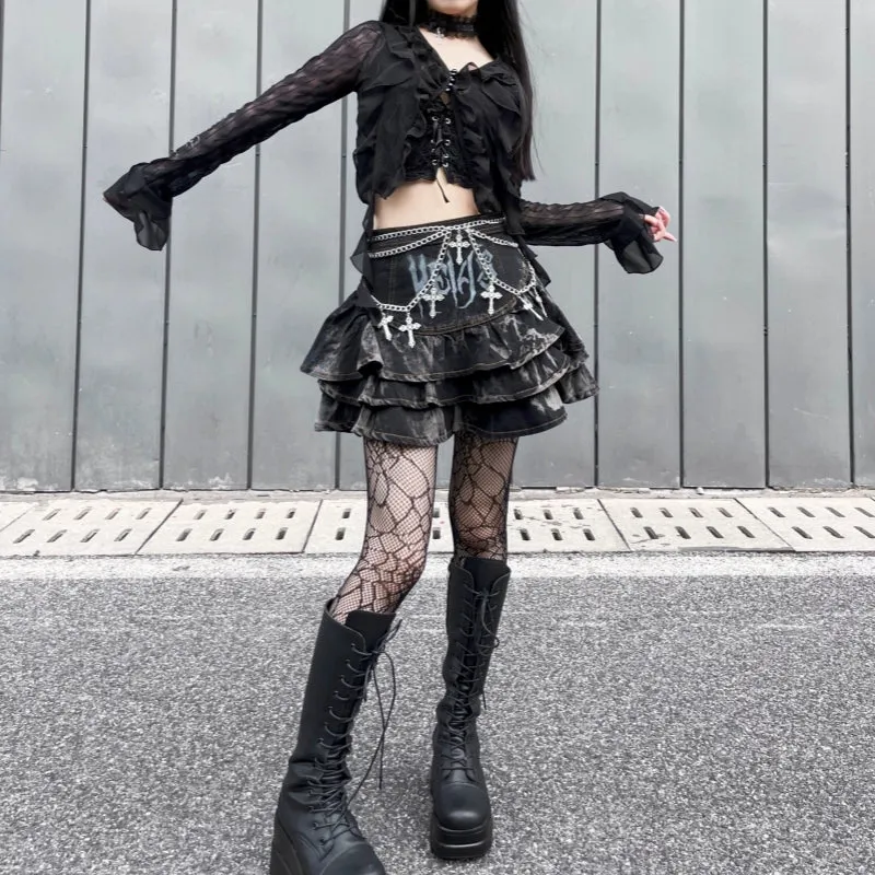 Gothic Puffy Skirt Subculture High Waist Denim Skirt