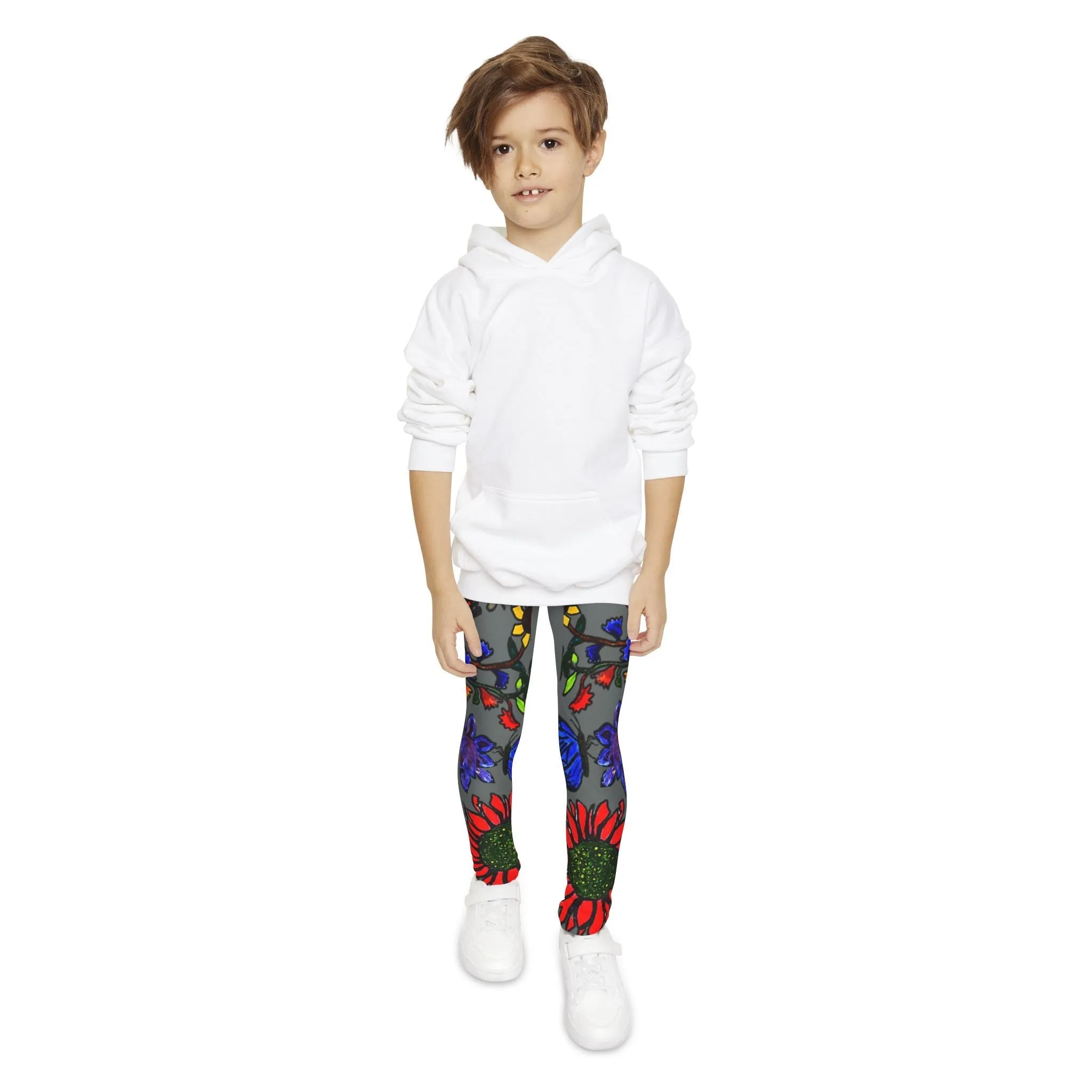Hand Drawn Floral Art on Youth Full-Length Leggings - Comfortable Soft and Stretchy