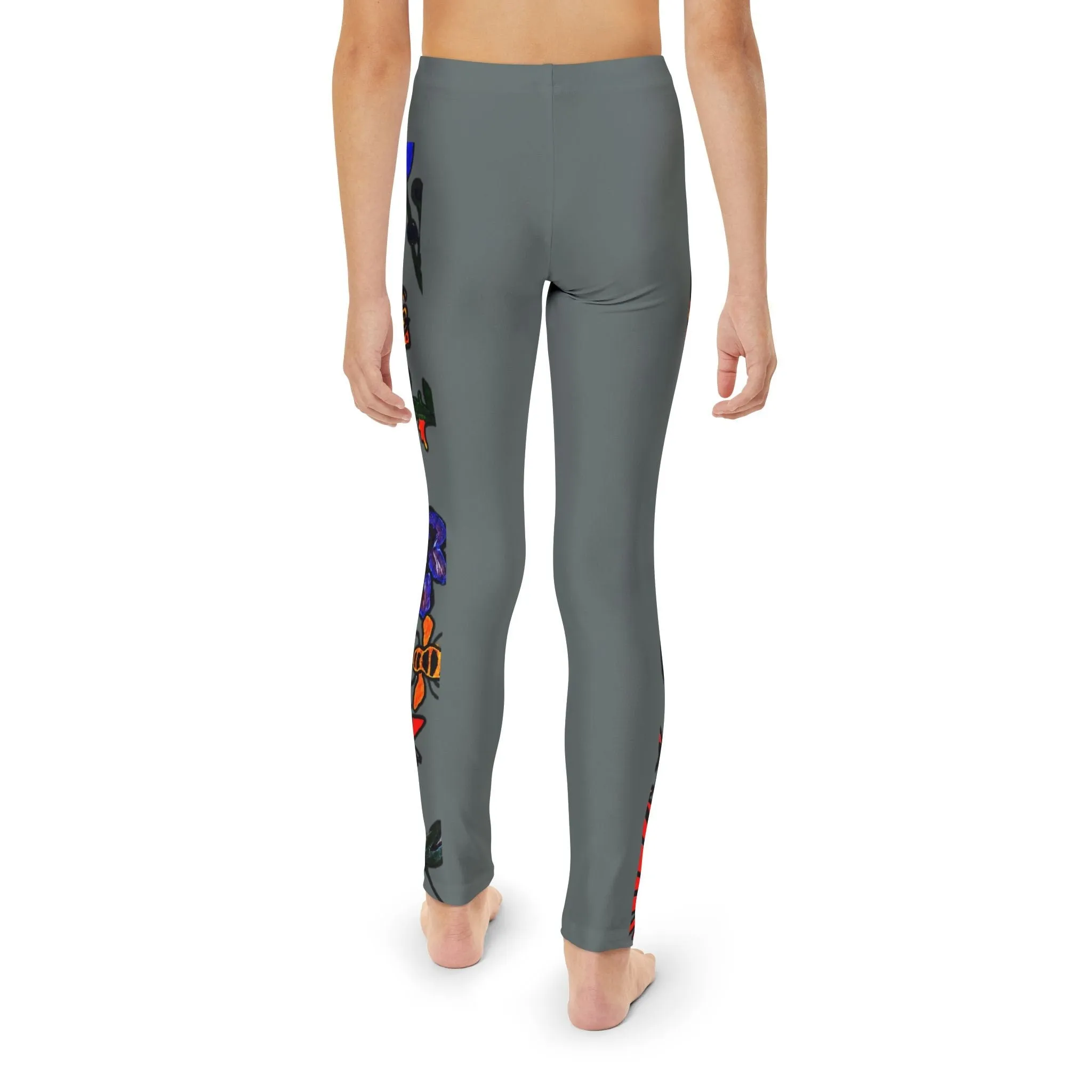 Hand Drawn Floral Art on Youth Full-Length Leggings - Comfortable Soft and Stretchy