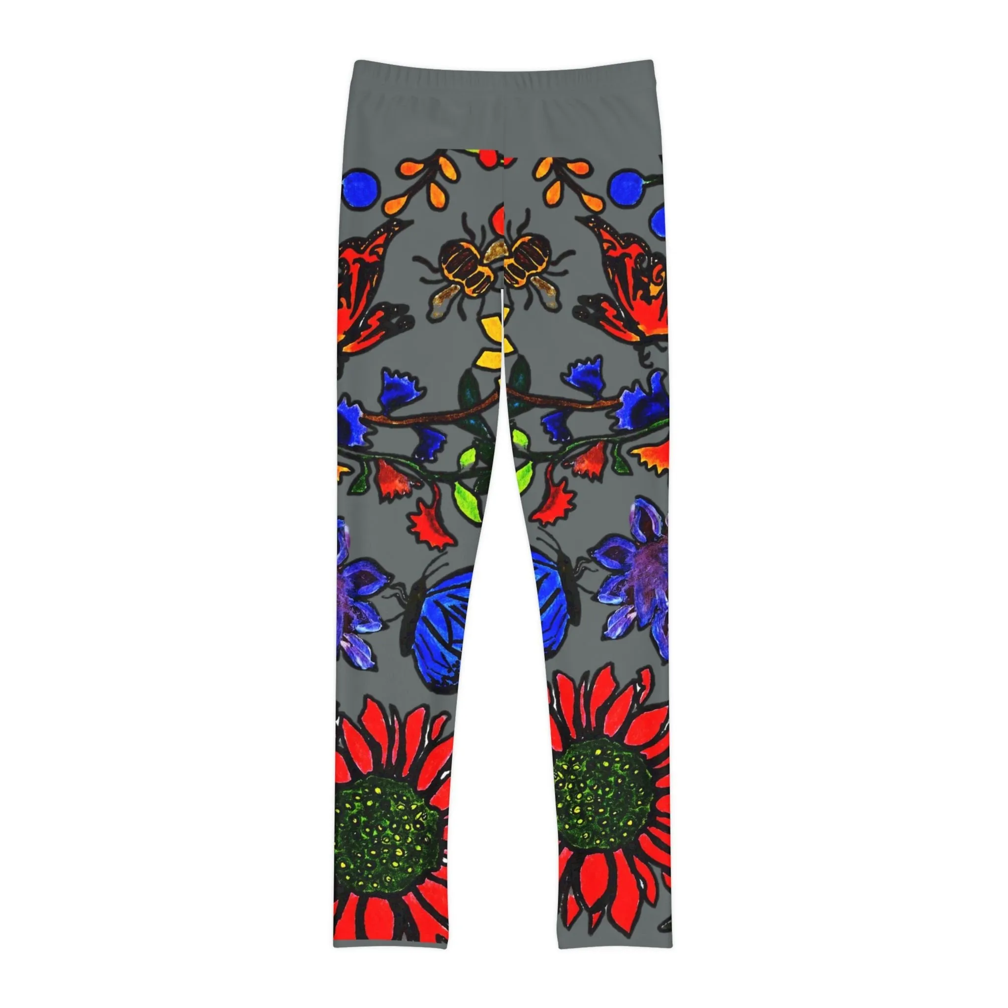 Hand Drawn Floral Art on Youth Full-Length Leggings - Comfortable Soft and Stretchy