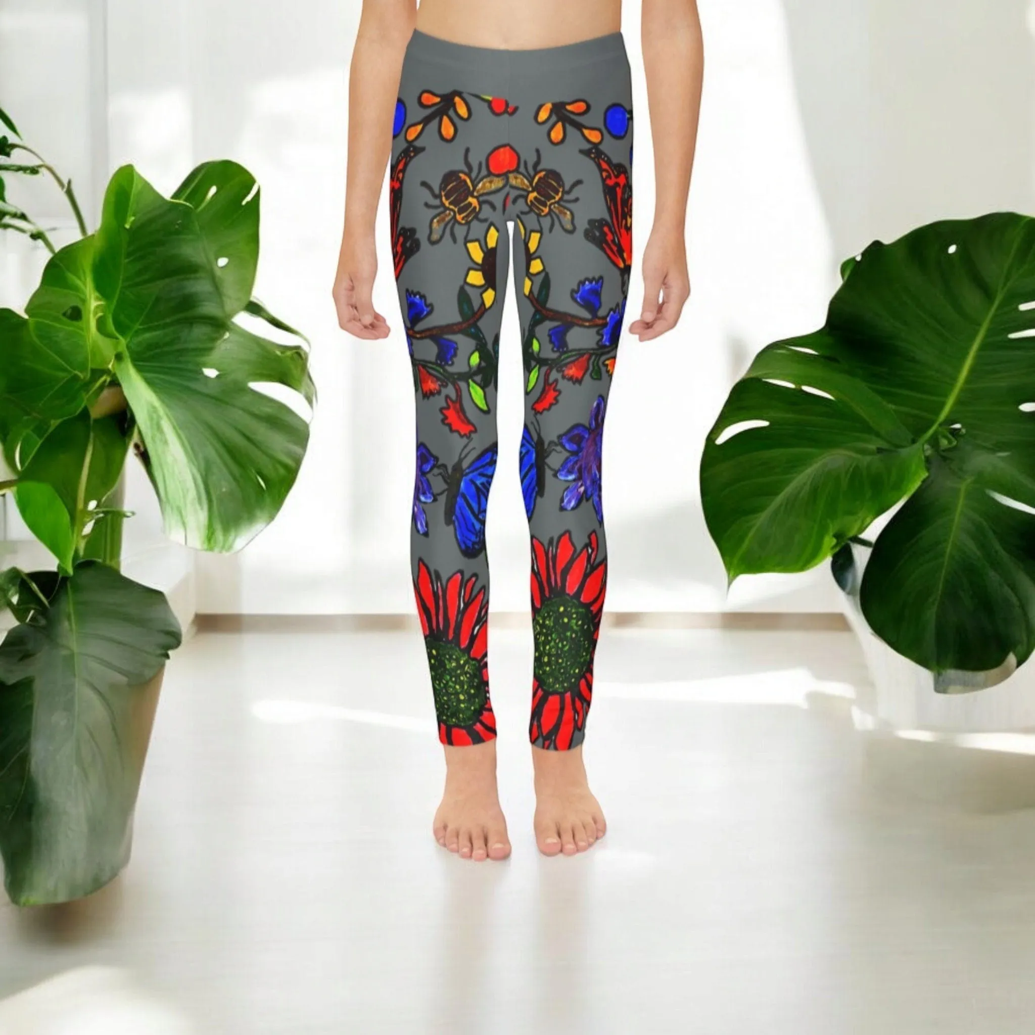 Hand Drawn Floral Art on Youth Full-Length Leggings - Comfortable Soft and Stretchy