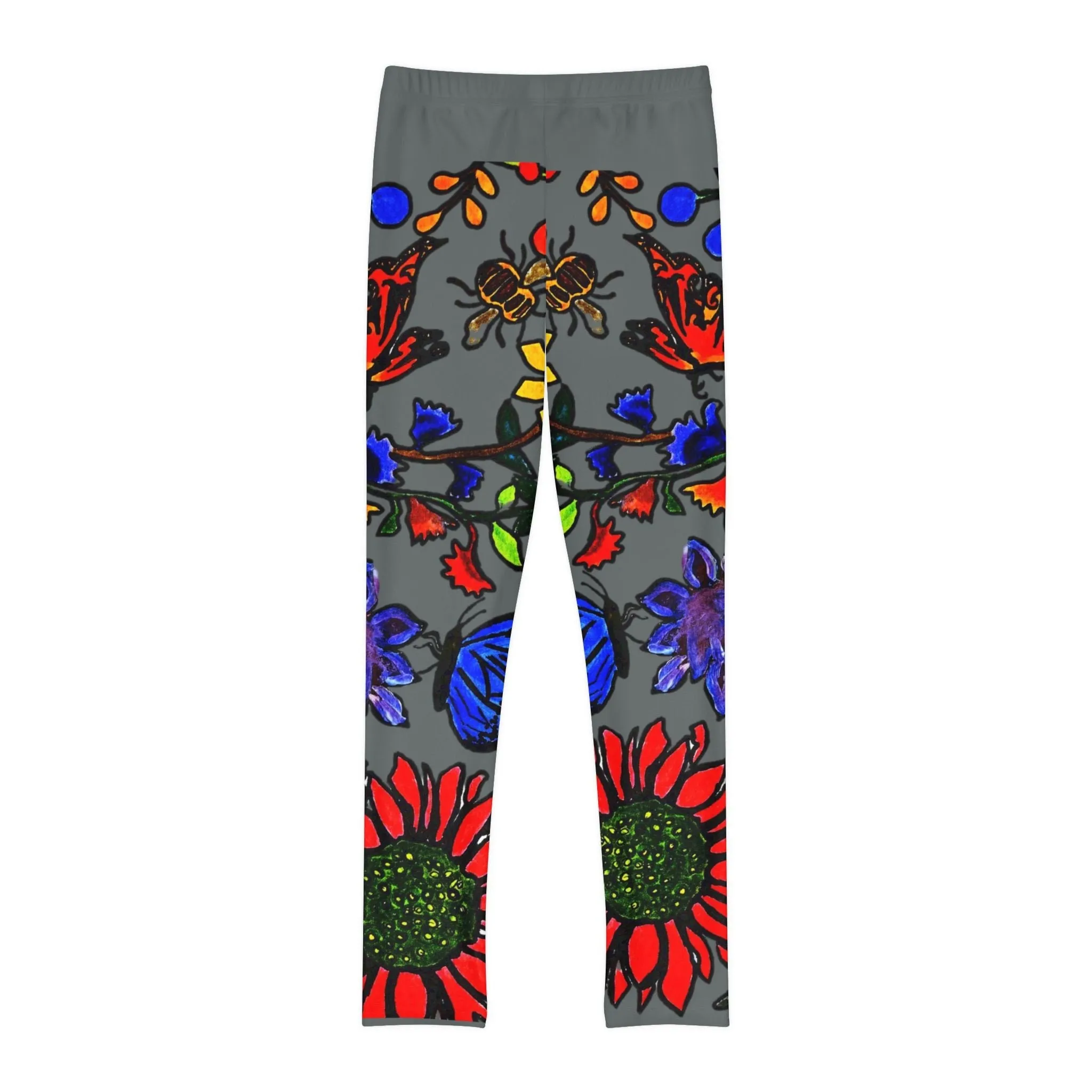 Hand Drawn Floral Art on Youth Full-Length Leggings - Comfortable Soft and Stretchy