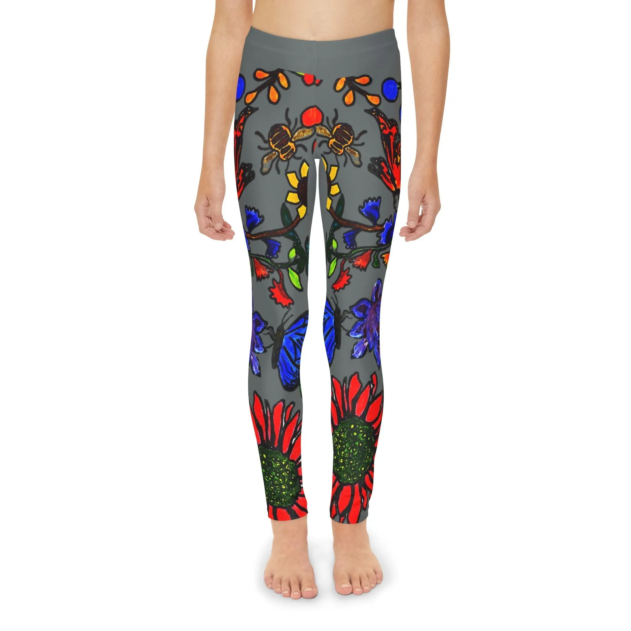 Hand Drawn Floral Art on Youth Full-Length Leggings - Comfortable Soft and Stretchy