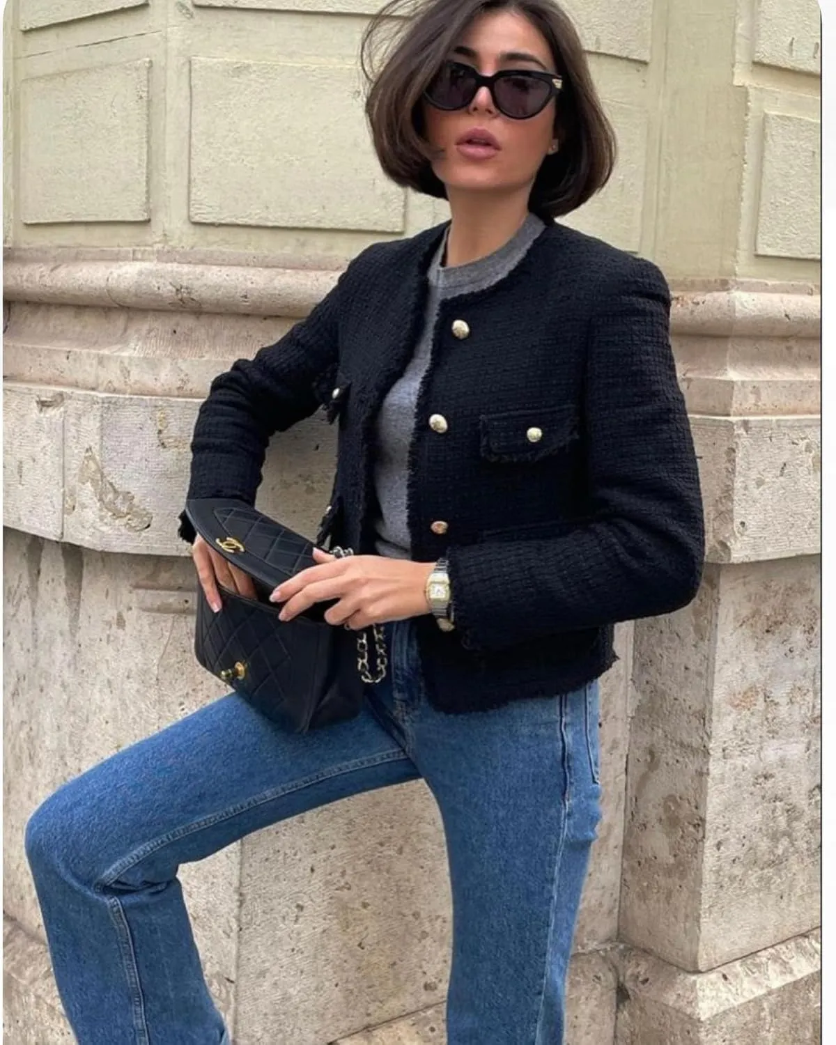 hathne Womens Tweed Blazers Jackets Casual Long Sleeve Button Down Cropped Jacket Coat Tops with Pocket