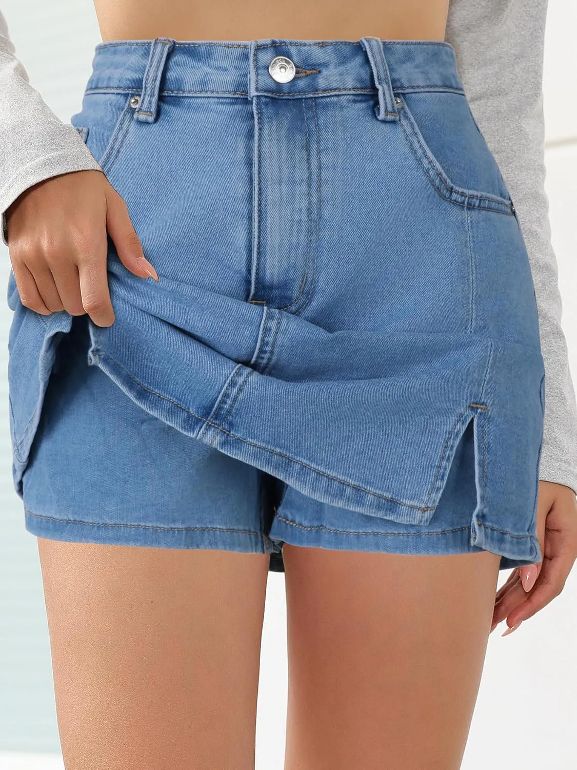 HDLTE Denim Skirts for Women - High Waisted Jean Skorts with Slit Cute Skort Shorts Casual