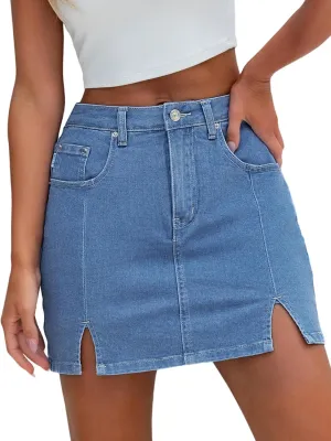 HDLTE Denim Skirts for Women - High Waisted Jean Skorts with Slit Cute Skort Shorts Casual