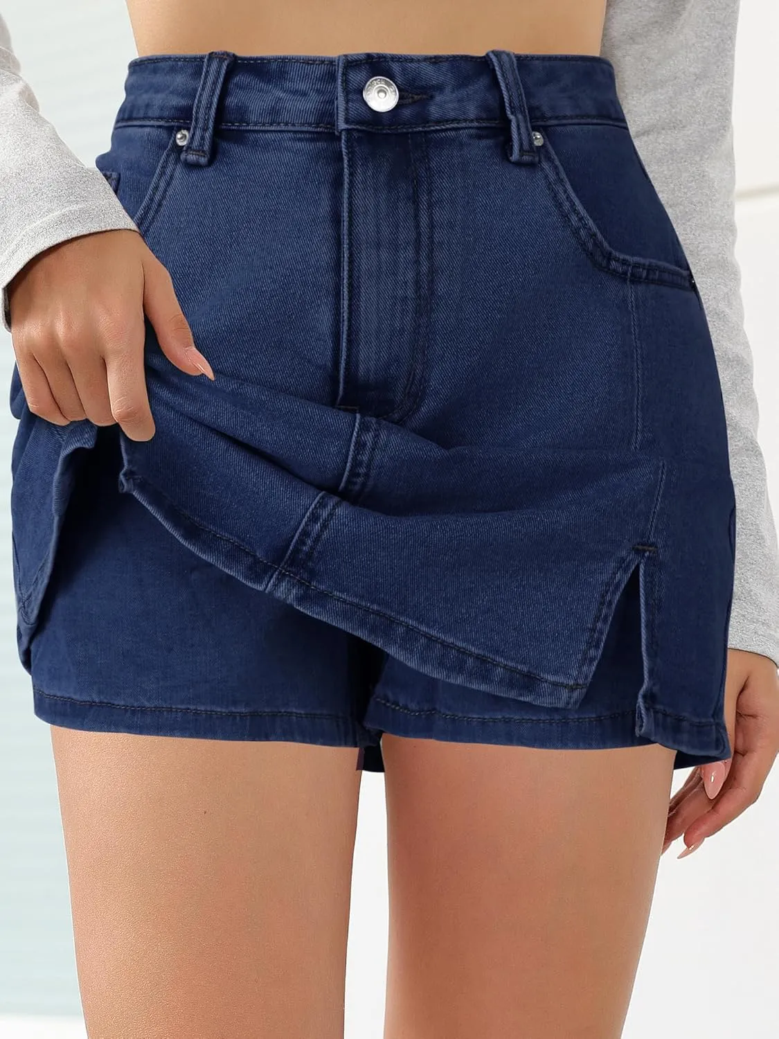 HDLTE Denim Skirts for Women - High Waisted Jean Skorts with Slit Cute Skort Shorts Casual