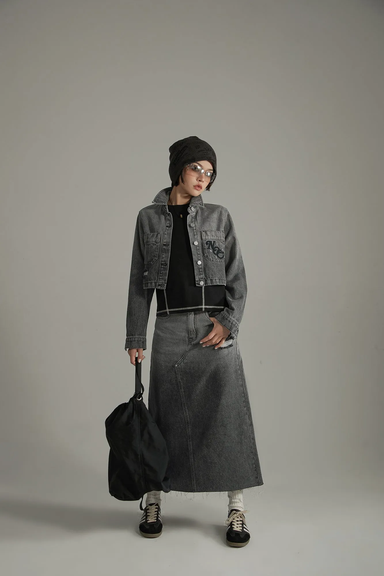 High Waist Embroidered Long Ripped Denim Skirt