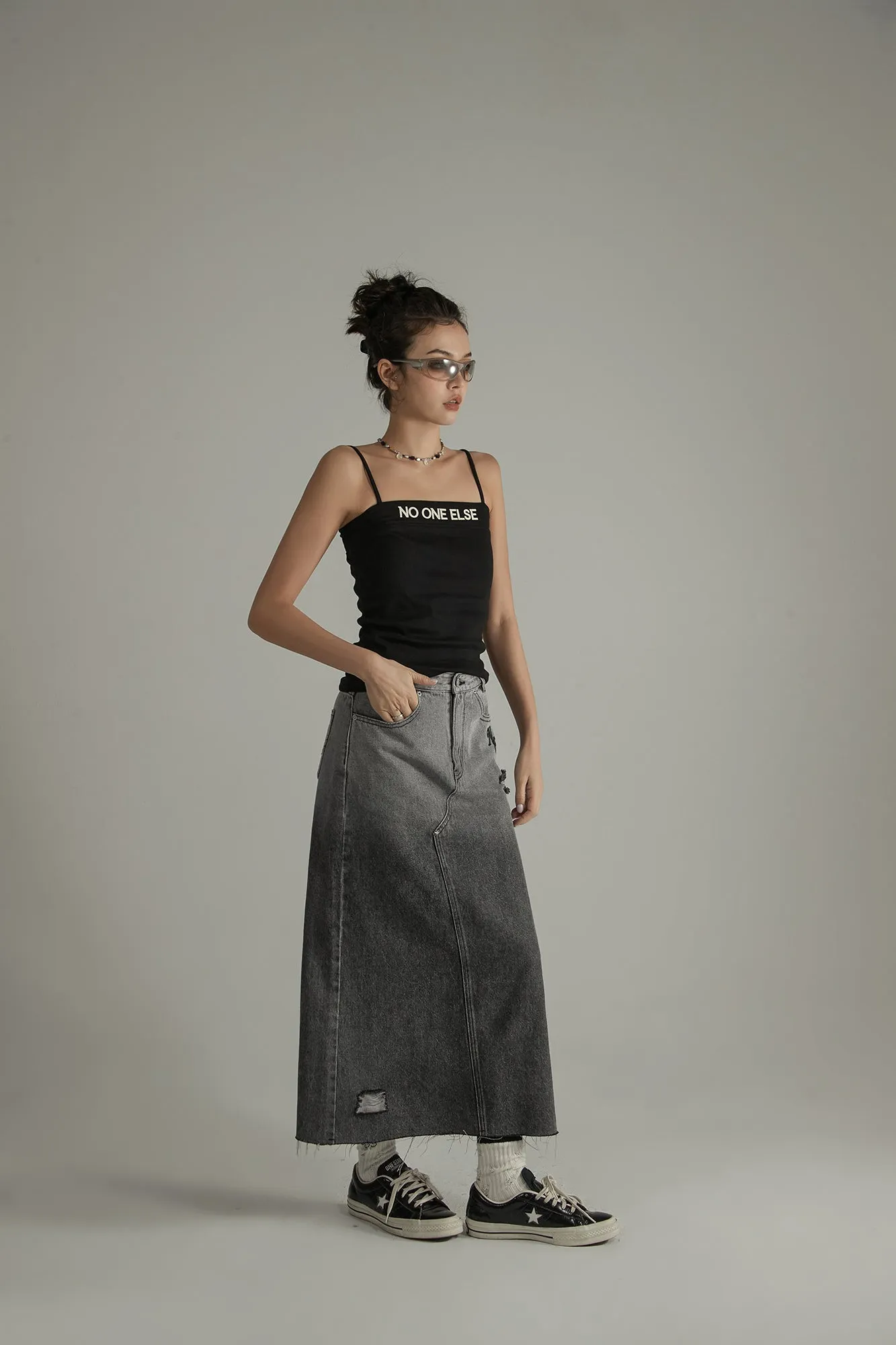 High Waist Embroidered Long Ripped Denim Skirt
