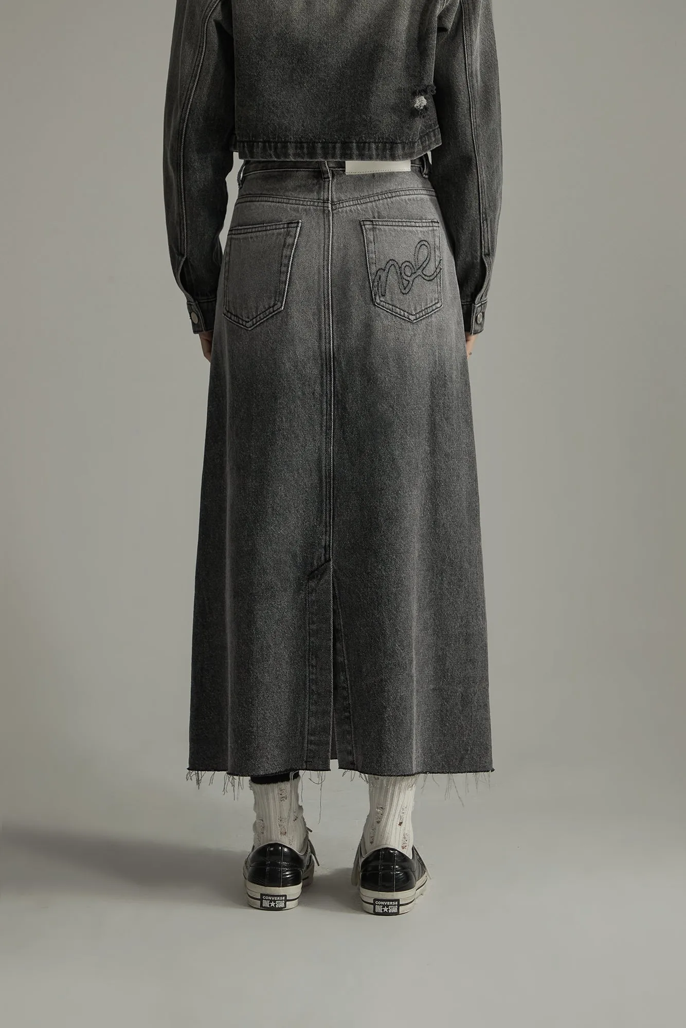 High Waist Embroidered Long Ripped Denim Skirt