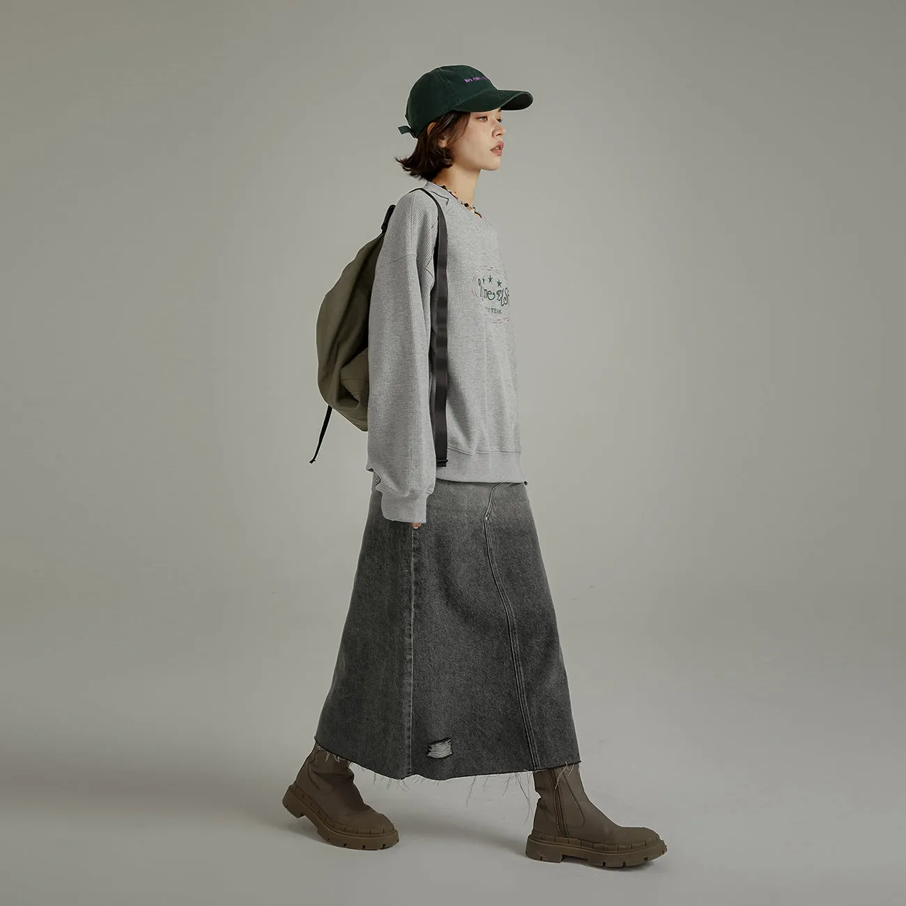 High Waist Embroidered Long Ripped Denim Skirt