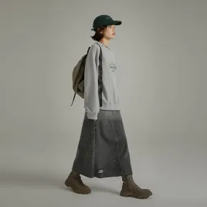 High Waist Embroidered Long Ripped Denim Skirt