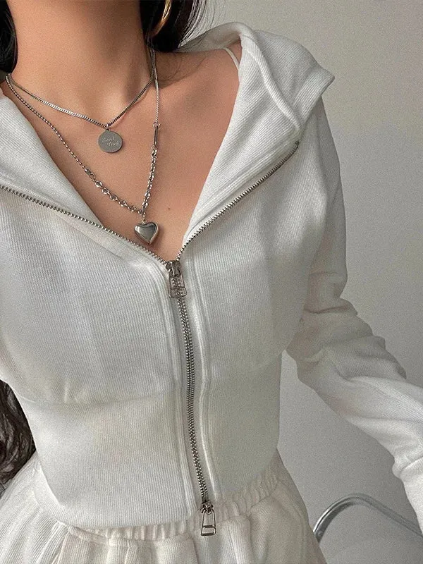 Hnzxzm Street Double Zipper Hoodie Loose High Waist Slim Short Long Sleeve Top Sweatshirt Hoodie Fashion Sexy Korean Top