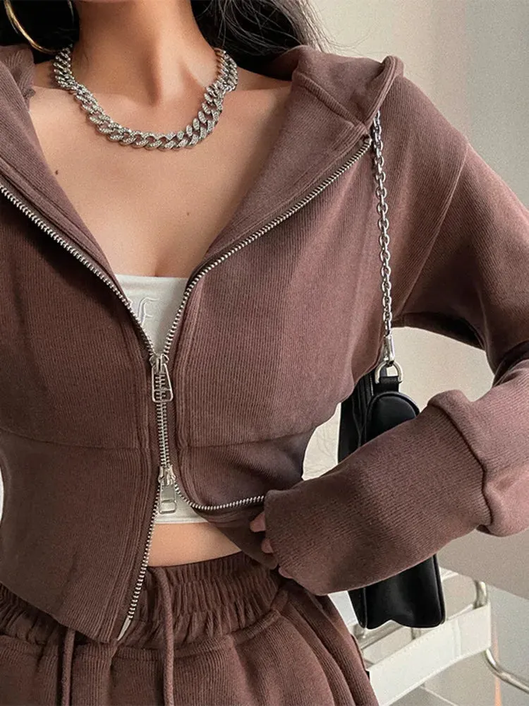 Hnzxzm Street Double Zipper Hoodie Loose High Waist Slim Short Long Sleeve Top Sweatshirt Hoodie Fashion Sexy Korean Top
