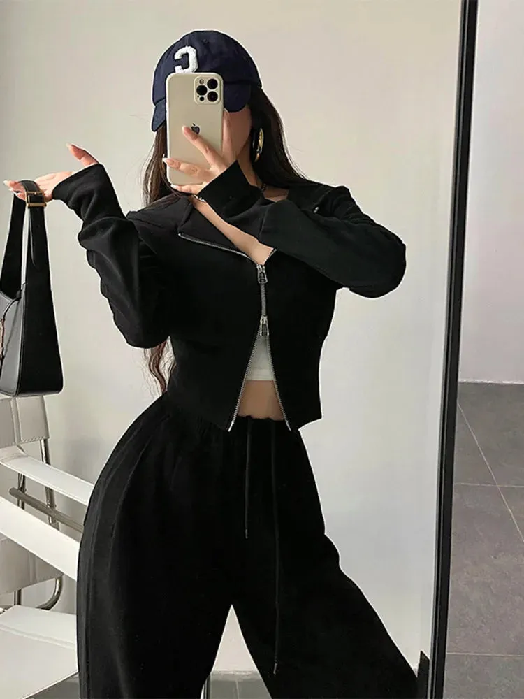 Hnzxzm Street Double Zipper Hoodie Loose High Waist Slim Short Long Sleeve Top Sweatshirt Hoodie Fashion Sexy Korean Top