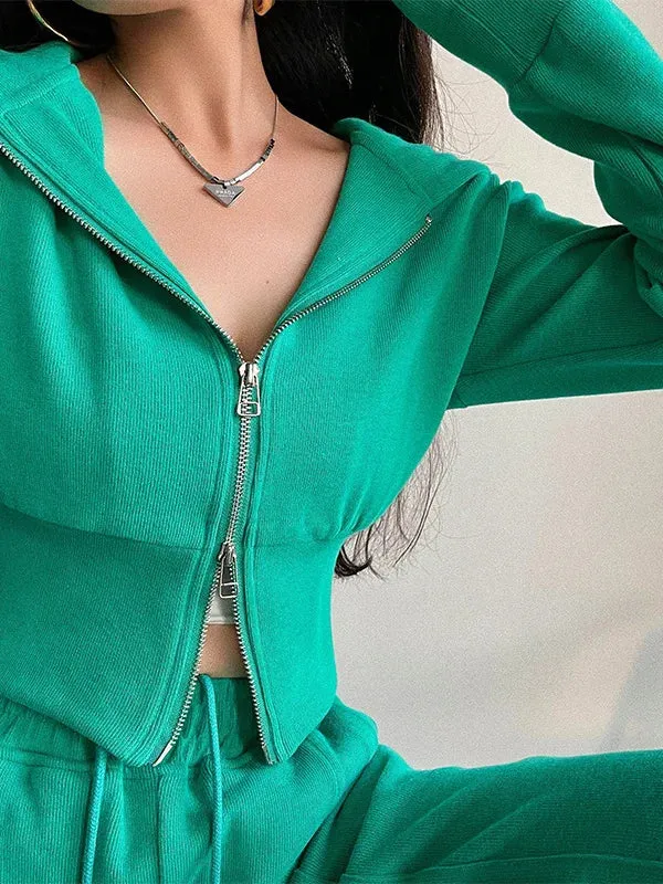 Hnzxzm Street Double Zipper Hoodie Loose High Waist Slim Short Long Sleeve Top Sweatshirt Hoodie Fashion Sexy Korean Top