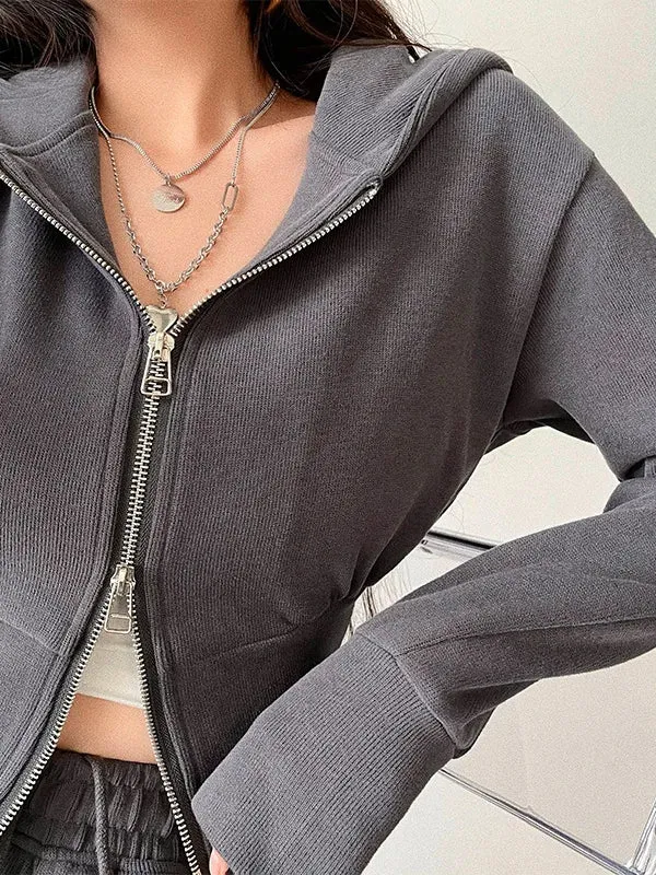 Hnzxzm Street Double Zipper Hoodie Loose High Waist Slim Short Long Sleeve Top Sweatshirt Hoodie Fashion Sexy Korean Top