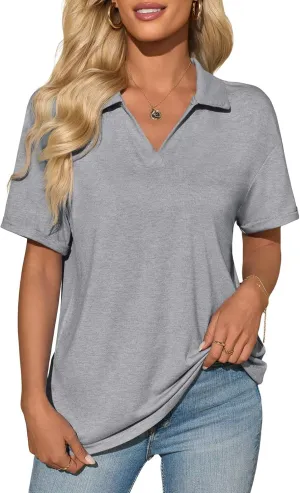 Imily Bela Womens Short Sleeve Polo T Shirts V Neck Summer Casual Basic Tee Tops