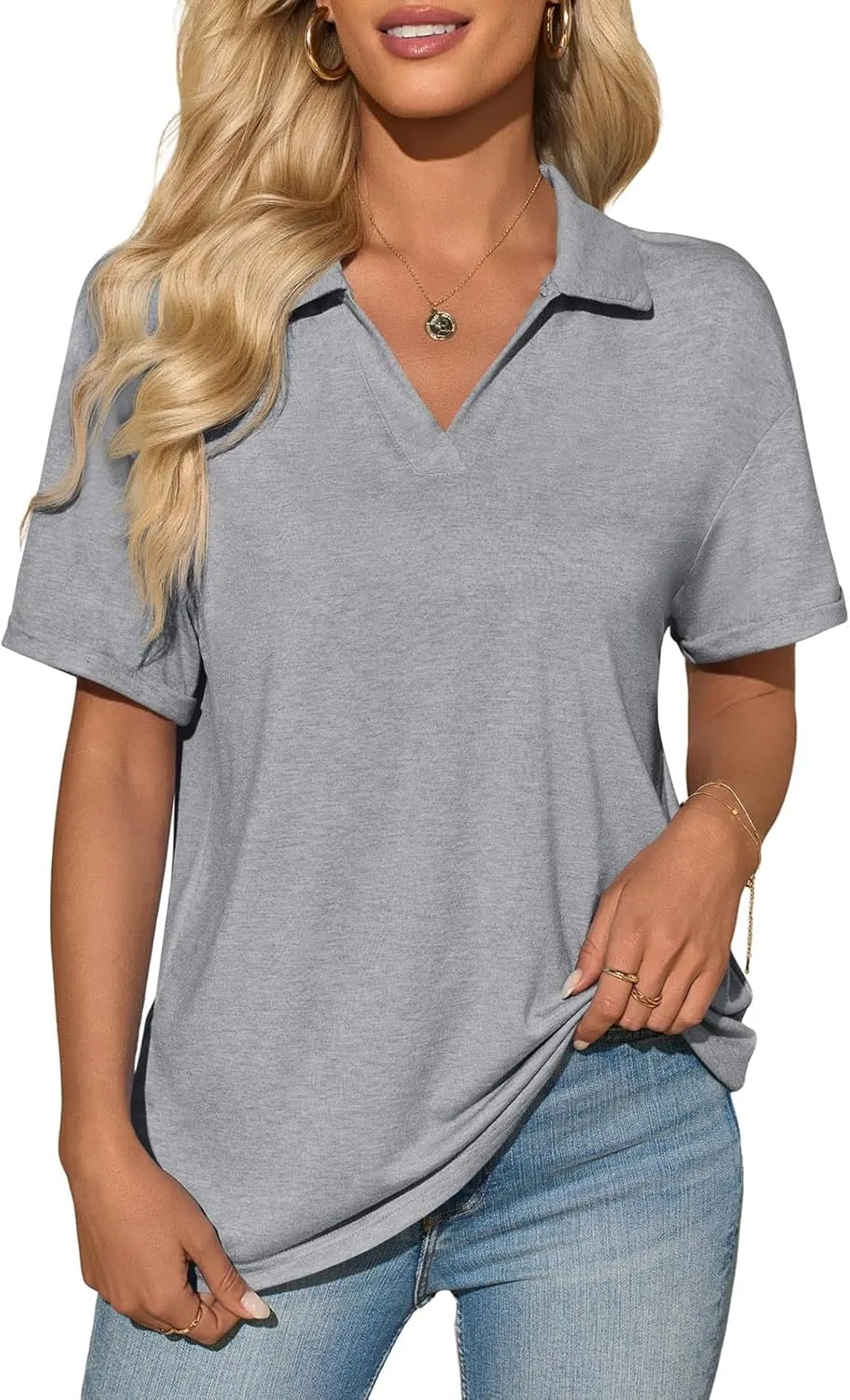 Imily Bela Womens Short Sleeve Polo T Shirts V Neck Summer Casual Basic Tee Tops